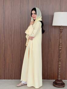 Yasmeen Edit Yasmeen Edit Spring/Summer Elegant Yellow Collarless Long Robe With Heavy Scalloped Cuffs And Chiffon Headscarf - Yellow - View 4