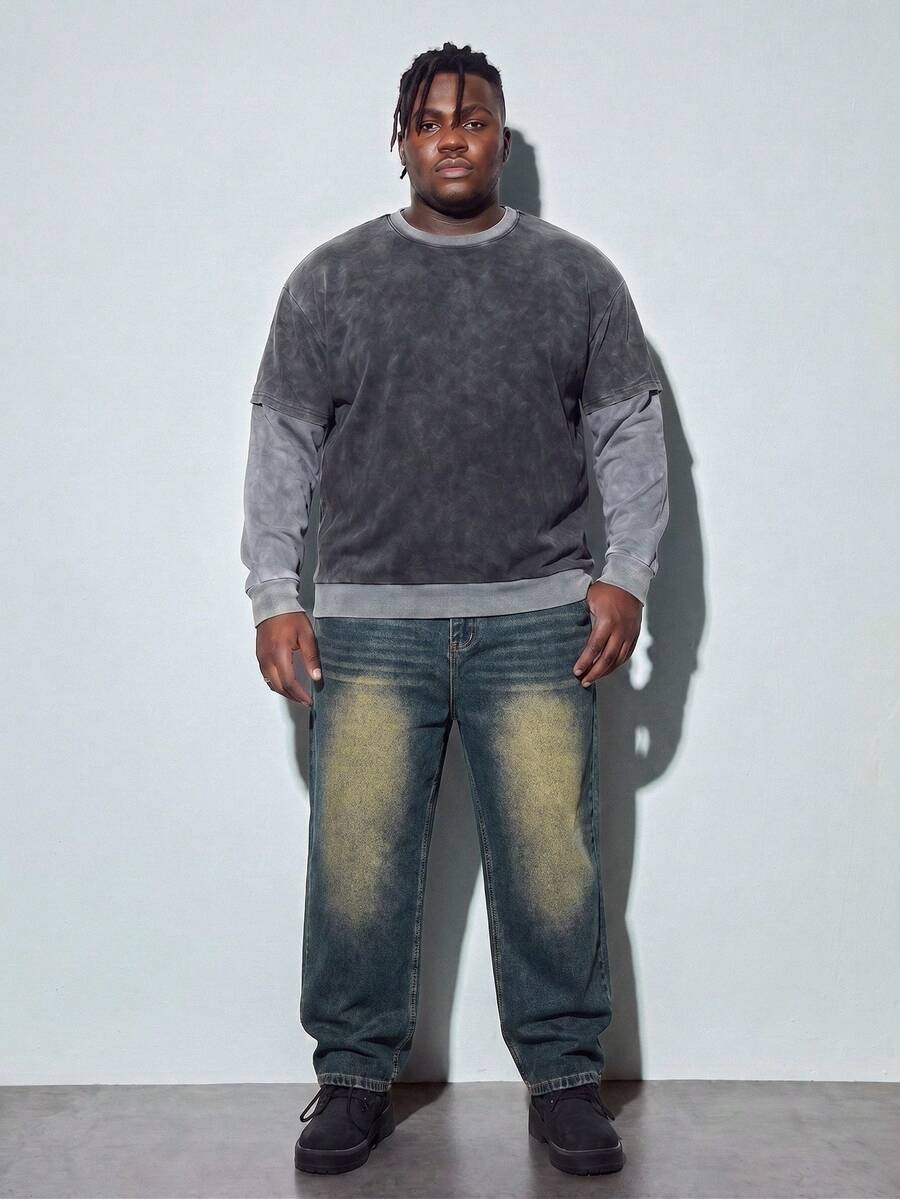 Modcrash Plus Size Men's Distressed Washed Denim Jeans, Casual College Street Style - Blue - View 1