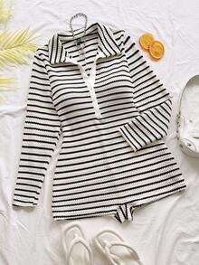 Soleia Women's Plus Size Black & White Striped Long Sleeve Jumpsuit, Autumn/Winter Fall - Black and White - View 1