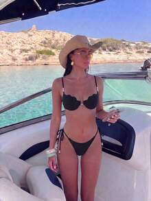 Bonvoyette Black Summer Elegant Beach Holiday Women Pearl Shell Spaghetti Strap Bikini Set,Side Tie Padded Push Up Underwire Swimwear,Boat Party Outfits - Black - View 1