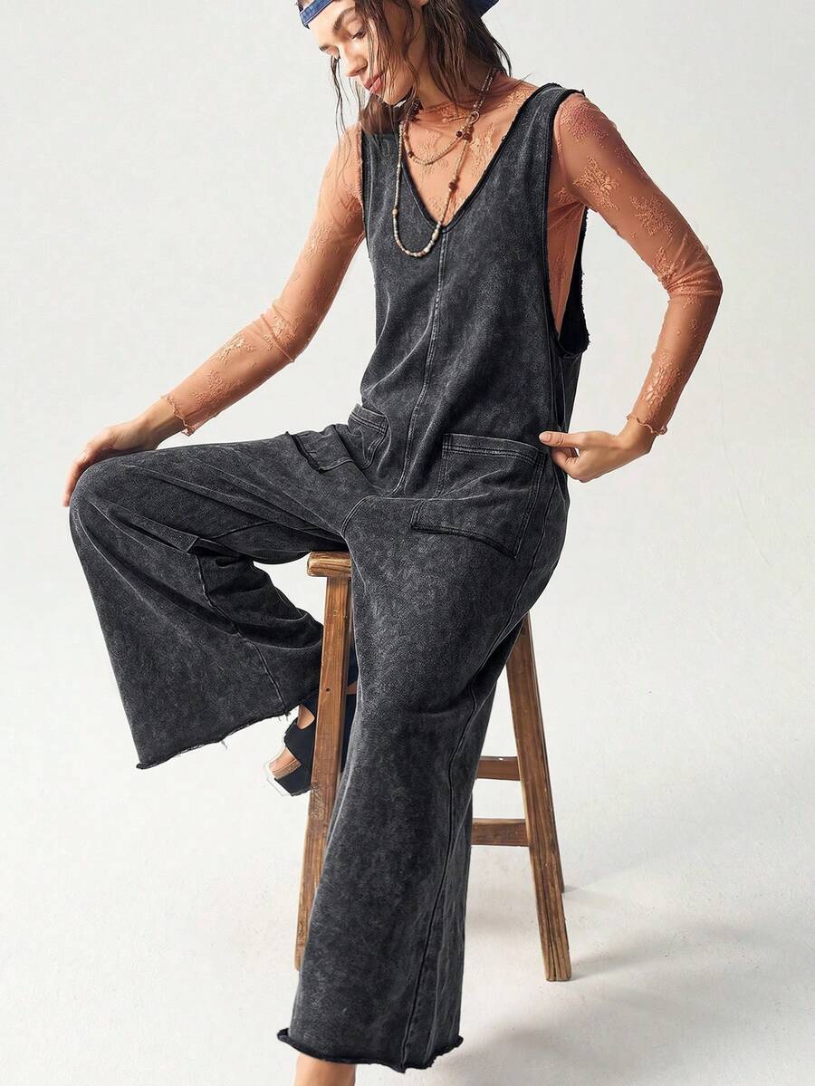 Bohemela Casual Solid Color Knit Loose Washed Women's Jumpsuit Vacation Dark Wash Summer - Black - View 1