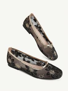 CUCCOO CHICEST Women Shoes Black Gold Embroidered Mesh Square Toe Flat-Soled Shoes, Temperament Commuter Banquet Soft-Soled Shoes - black gold - View 6