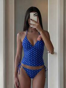 Bonvoyette 夏季數位印花無鋼圈細肩帶背心上衣側綁帶比基尼褲女款海灘泳裝兩件式比基尼套裝 藍色波點 - 寶藍色 - 查看 5