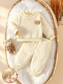 SHEIN 嬰兒/幼兒可愛熊絨毛套裝，冬季保暖內裡加厚戶外兩件式珊瑚絨保暖套裝 - 杏色 - 查看 5