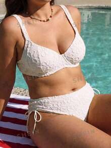 Swim Mod Set Baju Renang Ukuran Besar Eropa dan Amerika dengan Penyangga Baja, Bikini Cup Lembut dengan Tekstur Jacquard Warna Kuning Muda - Putih - View 5