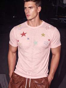 Manfinity Dauomo Fashion Street Casual Cool Comfortable Rhinestone Round Neck Short Sleeve Top - Pink - View 3