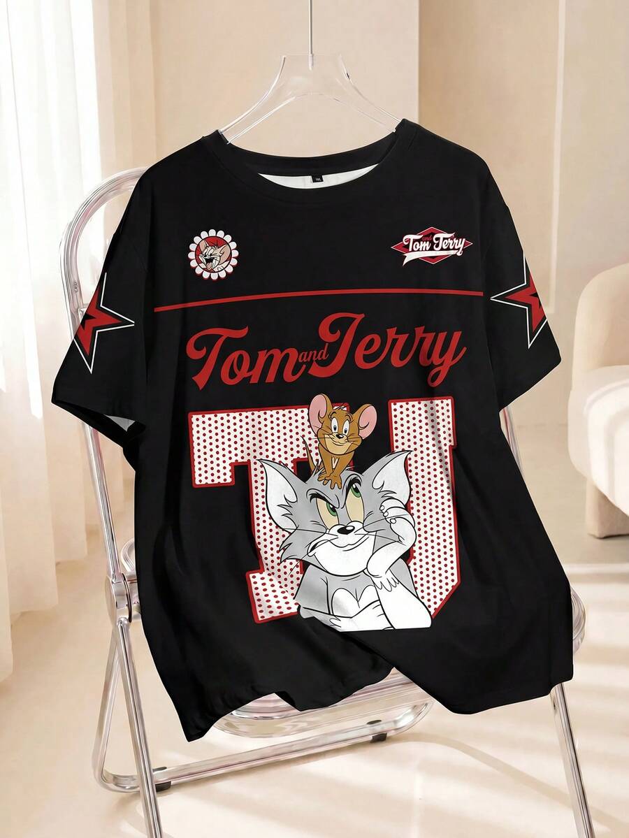 TOM & JERRY X SHEIN 加大码卡通字母印花短袖T恤 - 白色 - 查看 1