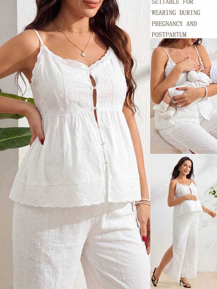 SHEIN 孕婦夏季休閒純色細肩帶背心與開衩長褲哺乳兩件套 - 白色 - 查看 1