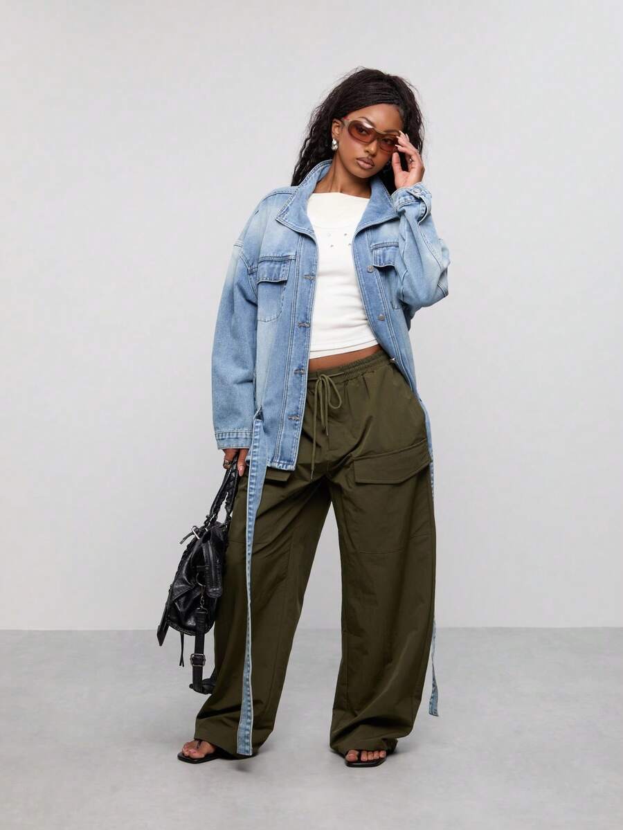 COUREZ Mid Balloon Cargo Trousers In Khaki /Y2K Pants For Women Back To School Green Pants Fall Winter Clothes Casual Going Out Outfits - Army Green - View 1
