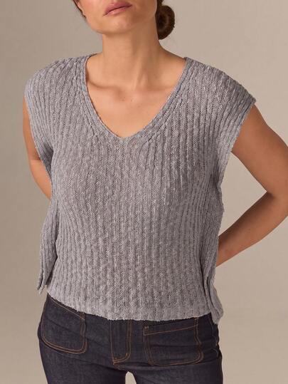 KÆRIA Hus Top con cuello en V y nudo - Punto de neopreno texturizado - Gris jaspeado - Oficina, Resort, Chic, Femenino, Versátil