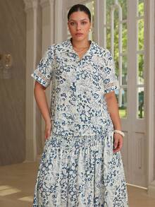 VOLUPTÉ CURVE Plus Size Women's Spring/Summer Blue And White Floral Lace Trim Shirt Collar Short Sleeve Maxi Skirt Set, Elegant A-Line Work Brunch Vacation Set - Blue - View 8