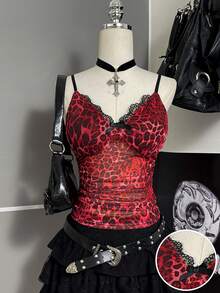 Attitoon Regata Feminina Ajustada com Patchwork de Renda e Estampa de Leopardo, Versátil e Casual - Vermelho - Visão 1