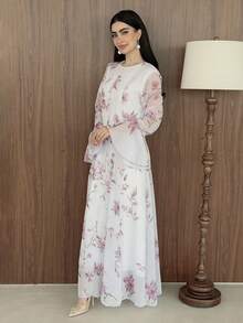 Yasmeen Edit Yasmeen Edit Gaun Wanita Elegan Motif Bunga dengan Kancing Jamur, Lengan Panjang Mengembang, Cocok untuk Liburan - Purple - View 3