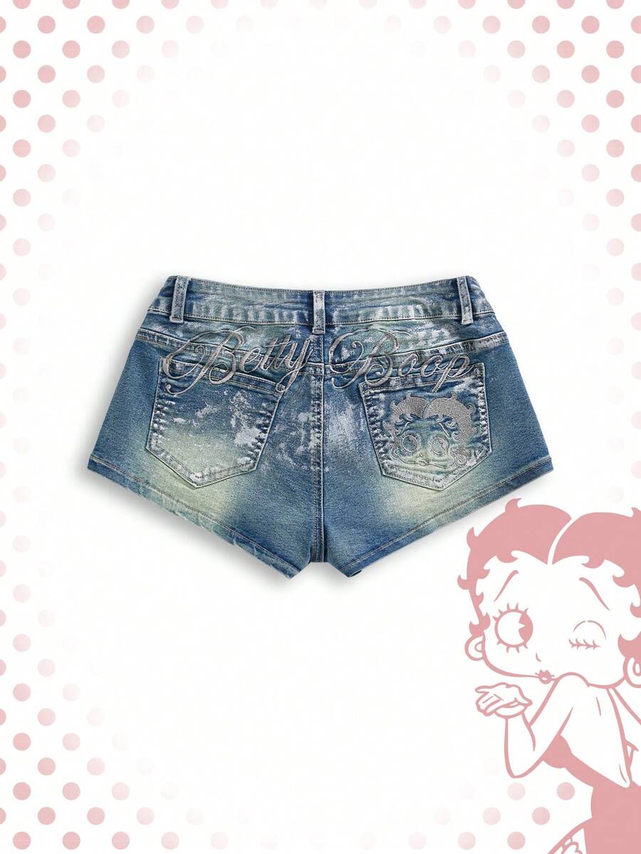 Betty Boop | ROMWE 春夏 Y2K 聯名款銀箔 Logo 刺繡超低腰迷你牛仔短褲 - 霧霾藍 - 查看 1