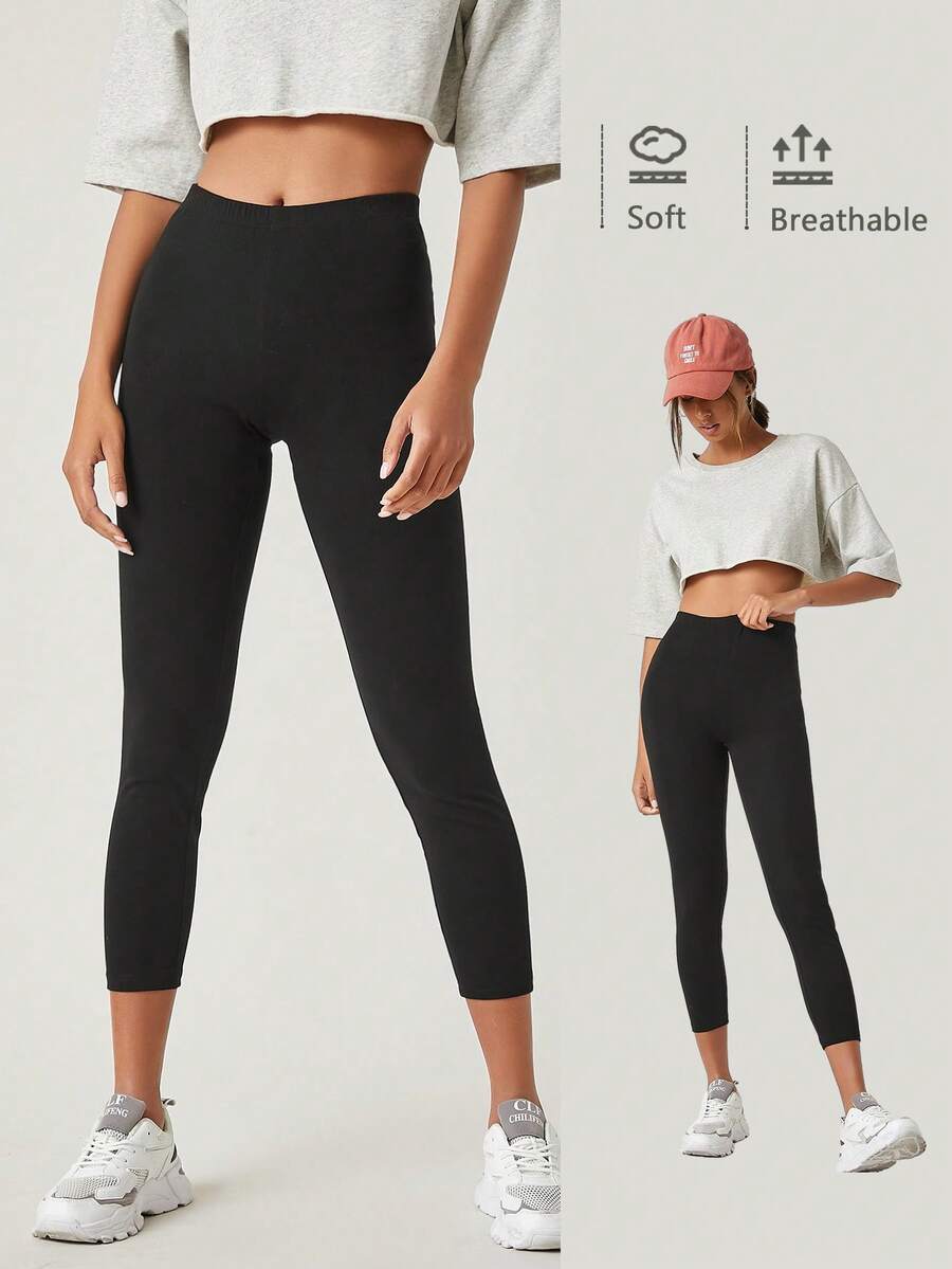 SHEIN BASICS Leggings Capri Transpirables de unicolor para Mujer en Verano - Negro - Ver 1