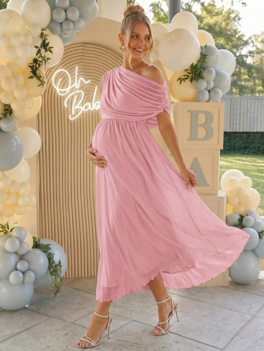Loomaby Maternity Solid Color Pleated Asymmetric Neck Elegant Dress - Pink - View 1