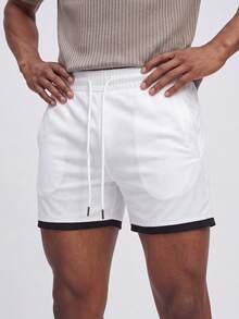 Nelvento Soul Boyfriend Style Men's Color-Block Drawstring Waist Sports Jogger Shorts, White , Lightweight, Gym - White - View 6
