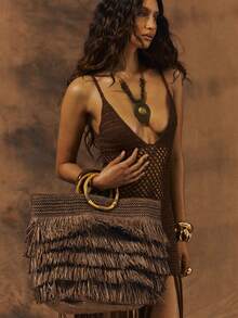 MUSERA Layered Straw Fringe Bamboo Top Handle Tote Beach Bag Spring Summer Beach Swim Festival Vacation Cute Daily - dark brown - View 1