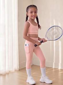 SHEIN Young Girl High Stretch Sportswear Set For Body Shaping, Free Stretching, Sweating-Absorbing, Cycling, Running, Indoor Dancing And, Fall, Yoga, Gym - Pink - View 4