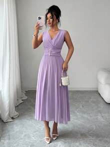 Elenzga Women's Elegant Romantic V-Neck Sleeveless Pleated Dress - Mauve Purple - View 6