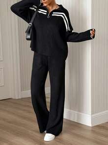 SHEIN Solid Ribbed Knit Contrast Stripe Quarter Zip Top & Wide Leg Pants Two Pieces Set - Black - View 3