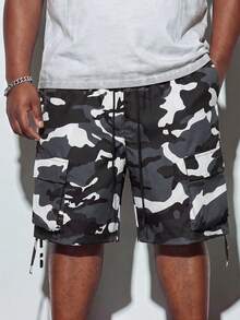 Modcrash Men's Plus Size Summer Camouflage Casual Cargo Shorts - Black and White - View 7