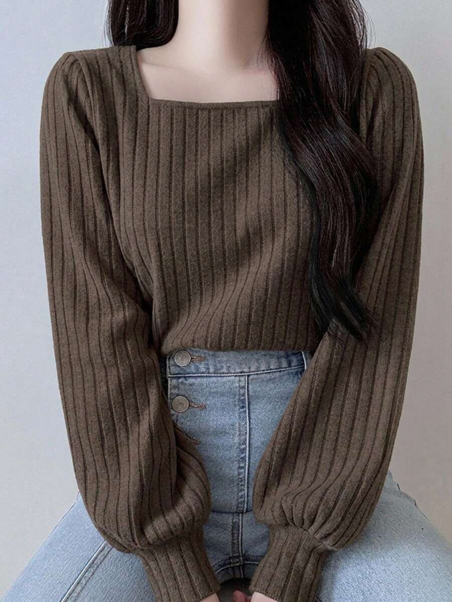 DAZY Women's Solid Color Square Neck Fitted Lantern Sleeve Long Sleeve T-Shirt, Spring/Summer/Autumn Cute Tops - Coffee Brown - View 1