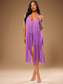 Radiana Women's Solid Color Tassel Design Spaghetti Strap Dress, Suitable For Night Out, Date, Party, Birthday, Banquet, Evening, Cocktail, Ball, Club Purple - Purple - View 7