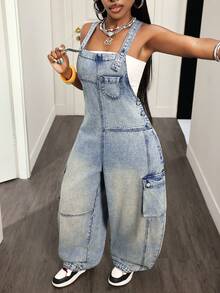 Slaydiva Women's Denim Cargo Pocket Super Loose Overalls - Blue - View 7