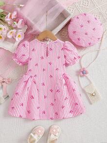 SHEIN 2pcs/Set Baby Girls' Pink And White Striped Bow Print Pink Dress With Beret Hat Cute Summer Classic Plaid Design Birthday Outfit For Outings - Pink - View 3