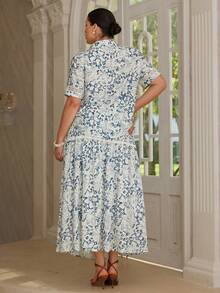 VOLUPTÉ CURVE Plus Size Women's Spring/Summer Blue And White Floral Lace Trim Shirt Collar Short Sleeve Maxi Skirt Set, Elegant A-Line Work Brunch Vacation Set - Blue - View 2