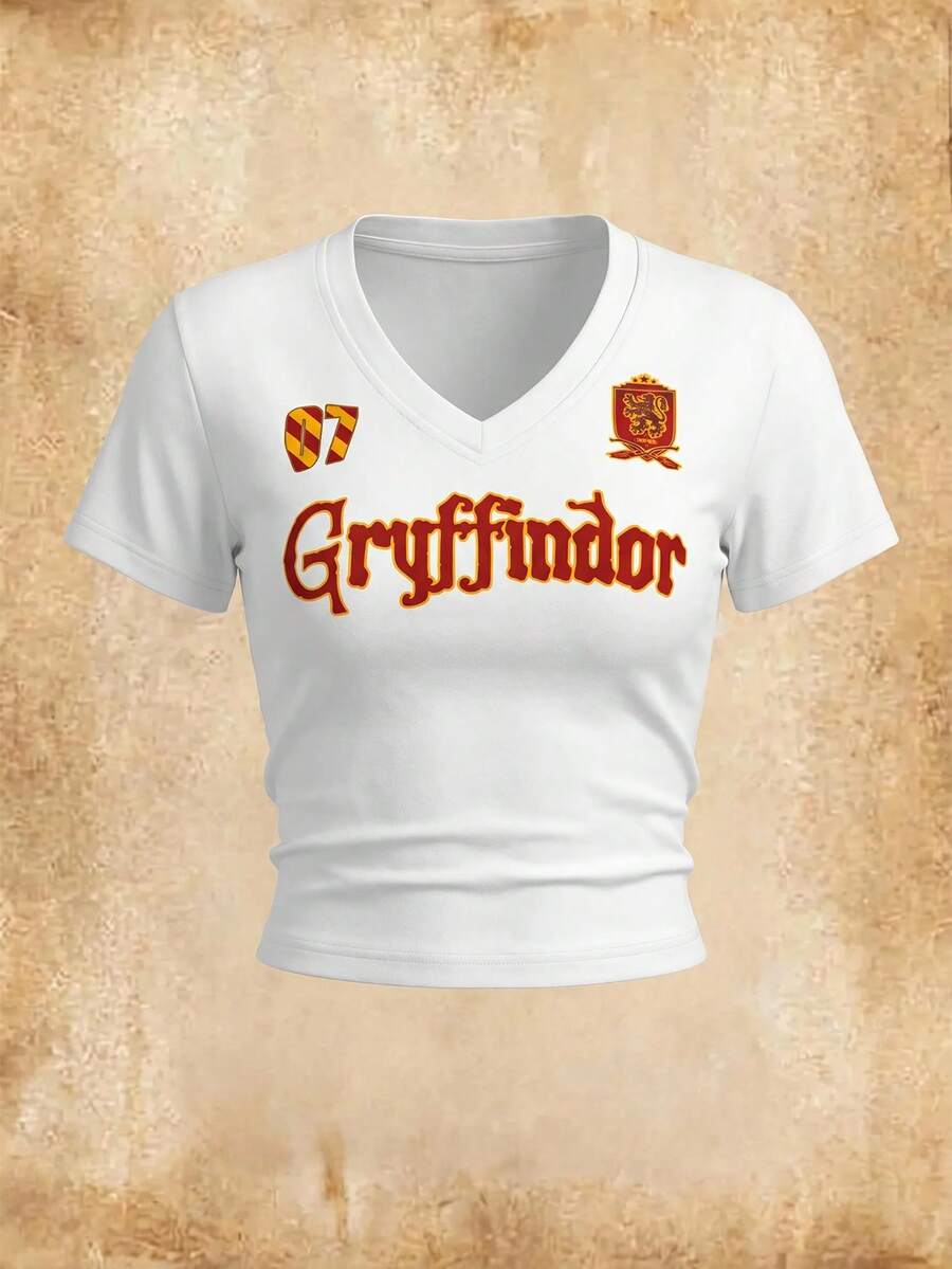HARRY POTTER X SHEIN Camiseta de mujer de manga corta con cuello en V y estampado de letras, versátil y de moda - Blanco - View 1