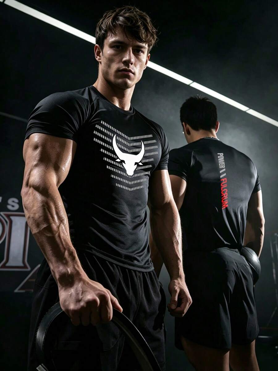 GymBeat 男士牛頭印花休閒百搭日常穿著運動T恤 - 黑色 - 查看 1
