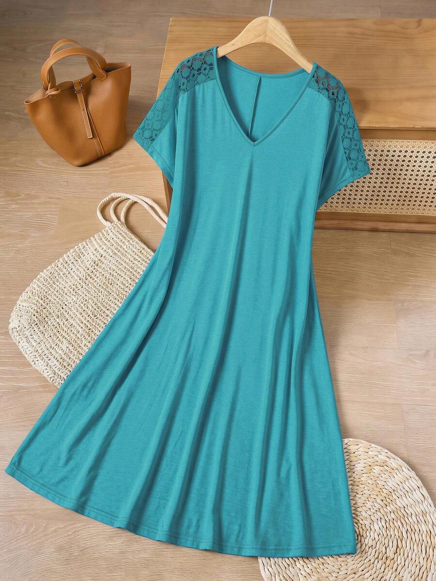 Rusticease Plus Size Summer Casual Lace Patchwork Dress - Blue - View 1