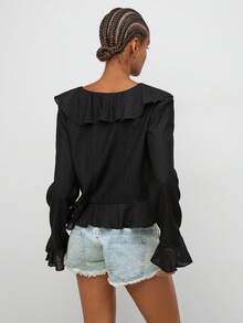 Maija Women's Solid Color Patchwork Ruffle Front Tie Long Sleeve Blouse - Black - View 3