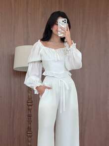 Yasmeen Edit Yasmeen Edit Women Loose High-Waisted Wide-Leg Pants, Elegant White Chic Summer Vacation Holiday, Solid Color Versatile Casual Daily Wear Beach Trousers - White - View 5