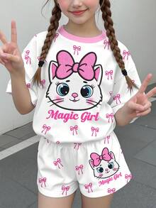 少女休閒極簡可愛亮面紋理卡通小貓圖案，粉色蝴蝶結波點短袖上衣與短褲兩件套夏季女童套裝，圖案印花、Kawaii、Y2K、舒適、Kitty - 彩色 - 查看 2