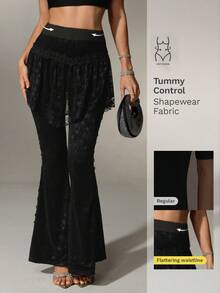 Nuvra Pantalones acampanados de encaje, diseño cómodo 2 en 1, versátil para ir al trabajo, primavera/verano, fiesta, noche activa, negro, elegante, sofisticado - Negro - Ver 1