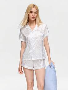 Bonmuse 2 Peças Conjunto de Pijama de Cetim, Top de Manga Curta com Gola e Shorts com Laço em Estampa de Leopardo Branco e Prata, Roupa de Dormir e Loungewear Feminina - Branco - Visão 5
