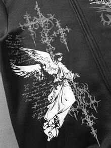 ROMWE MEN Goth 男士天使圖案印花時尚拉鍊連帽衛衣 - 黑色 - 查看 3