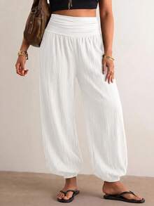 Freevana Pantalones de Linterna de unicolor Casual y Versátil Talla Grande - Blanco - Ver 4