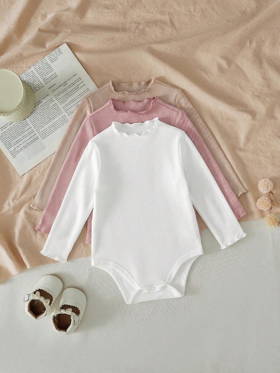 SHEIN LMoss Kids LMoss 3件組新生女嬰舒適針織純色荷葉邊冬季連身衣套裝,秋季 - 淺粉色 - 查看 1