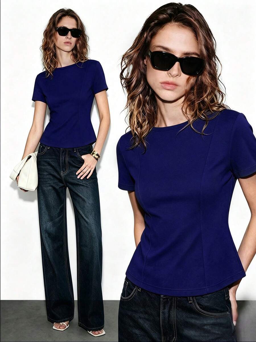 Lumivelle Kaos Wanita Regular dengan Elastisitas Tinggi, Model Pas Badan, Warna Polos, Kerah Bulat, Lengan Pendek, Pinggang Terikat, Hem Bergelombang, Potongan A-Line, Kasual, Elegan, Minimalis, Romantis, Cocok untuk Perjalanan, Musim Semi dan Musim Panas. - Navy Blue - View 1