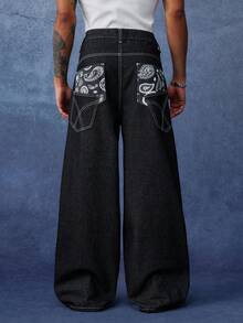 PAVTROS Men's Casual Washed Wide Leg Jeans - Black - View 2