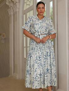VOLUPTÉ CURVE Plus Size Women's Spring/Summer Blue And White Floral Lace Trim Shirt Collar Short Sleeve Maxi Skirt Set, Elegant A-Line Work Brunch Vacation Set - Blue - View 7