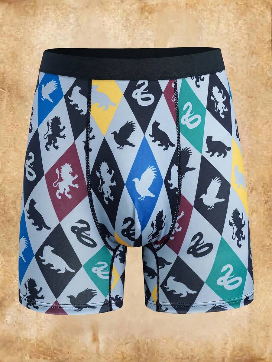 HARRY POTTER X SHEIN Men's Allover Print Patchwork Swim Trunks, Suitable For Beach Vacation, Pool Party, Beach Party - Black - View 1