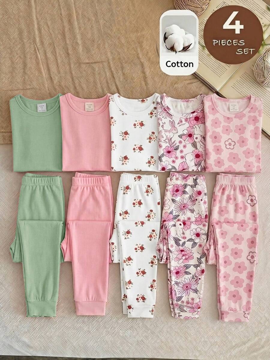 SHEIN 女童休閒極簡修身舒適圓領短袖長褲家居服套裝，適合春夏，4件套 - 彩色 - 查看 1