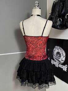 Attitoon Regata Feminina Ajustada com Patchwork de Renda e Estampa de Leopardo, Versátil e Casual - Vermelho - Visão 2