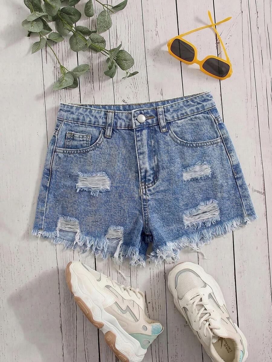 SHEIN Teen Girl Distressed Frayed Edge Slanted Pocket Denim Shorts - Light Wash - View 1
