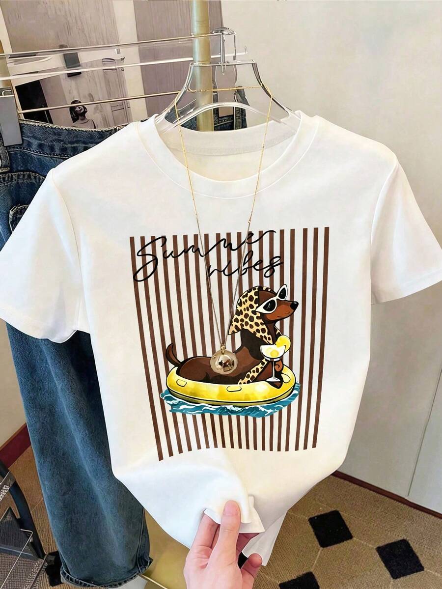 DrmWander 女款街頭風圖案短袖 T-shirt 上衣,可愛夏季上衣 - 白色 - 查看 1